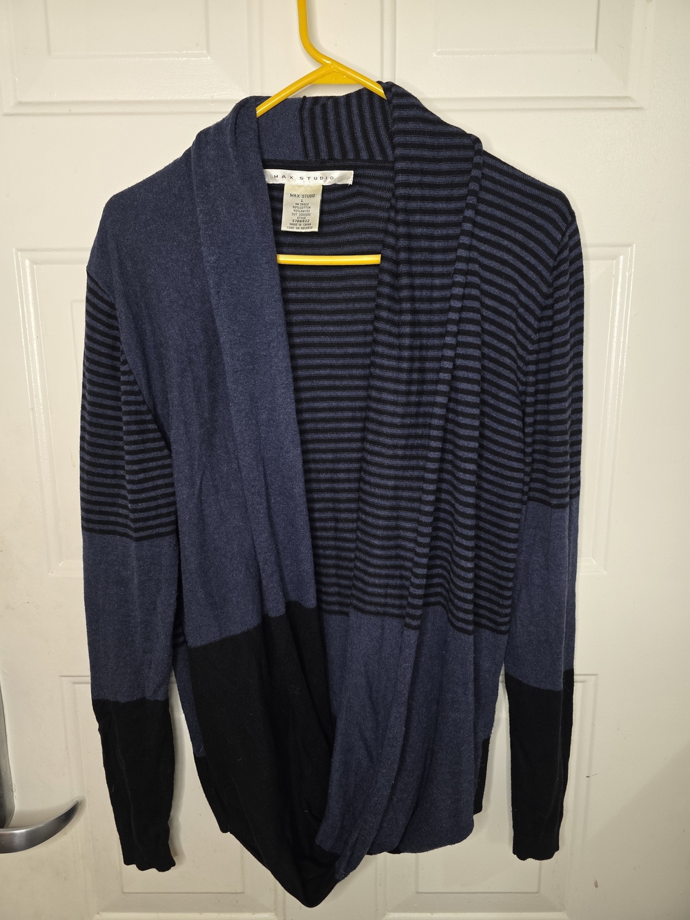 Max Studio Navy and Black Striped Open-Front women's Cardigan Size L